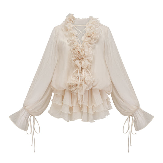 Zéphyrine floral-appliqué tiered mini dress in Neutrals