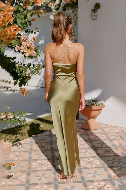 One-Shoulder Asymmetric Satin Trumpet Maxi Dress