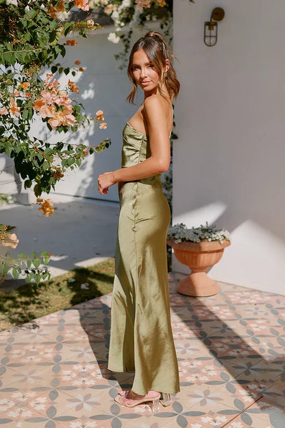One-Shoulder Asymmetric Satin Trumpet Maxi Dress