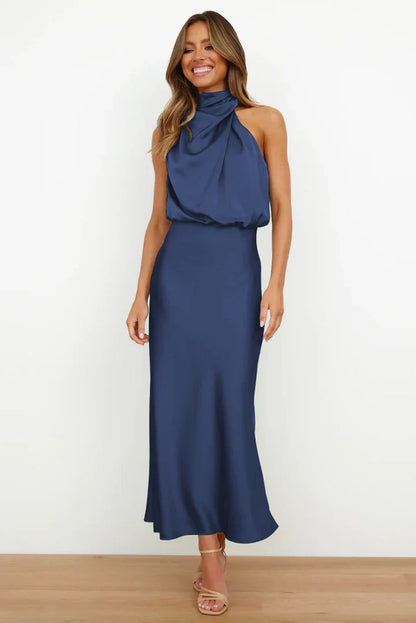 | Draped Neckline Satin Midi Dress