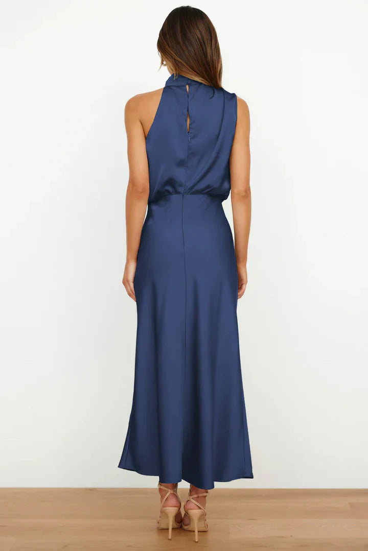 | Draped Neckline Satin Midi Dress