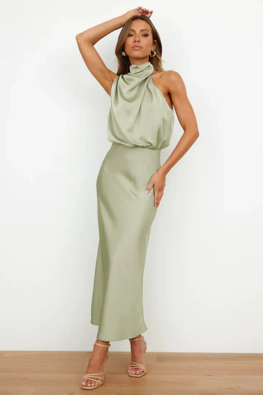 | Draped Neckline Satin Midi Dress