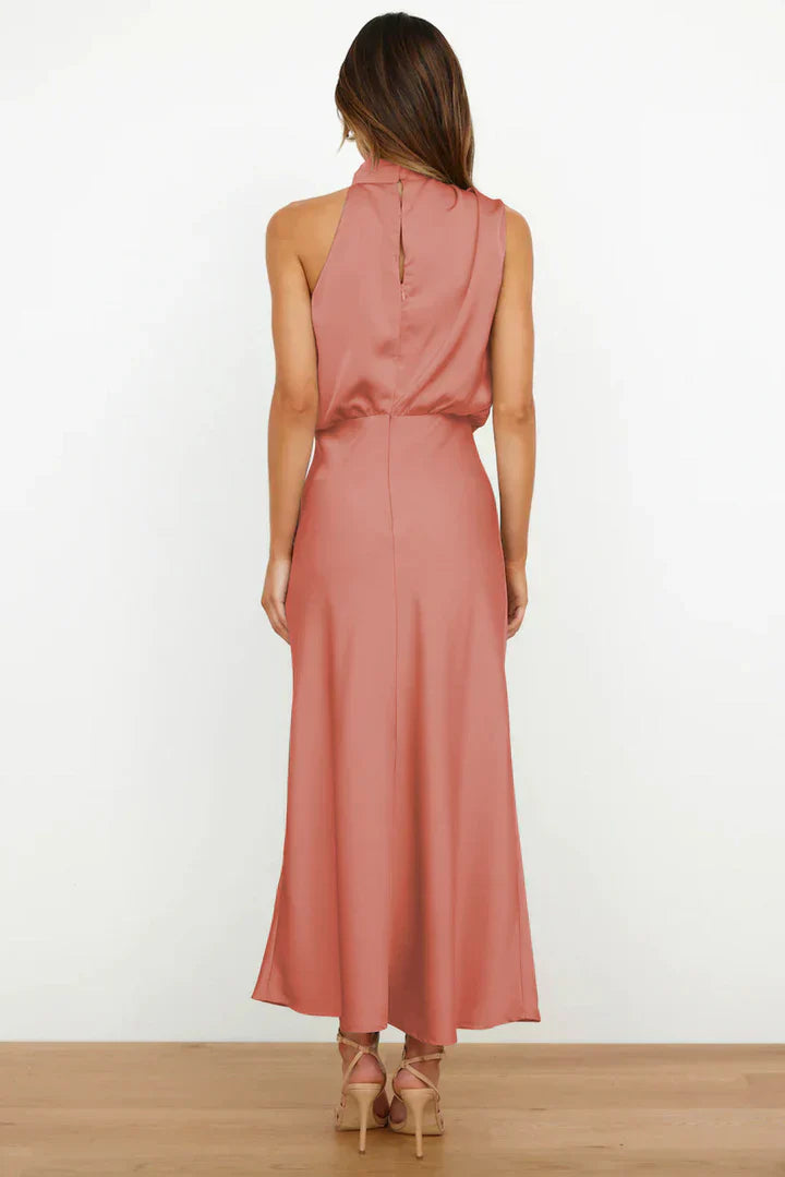 | Draped Neckline Satin Midi Dress