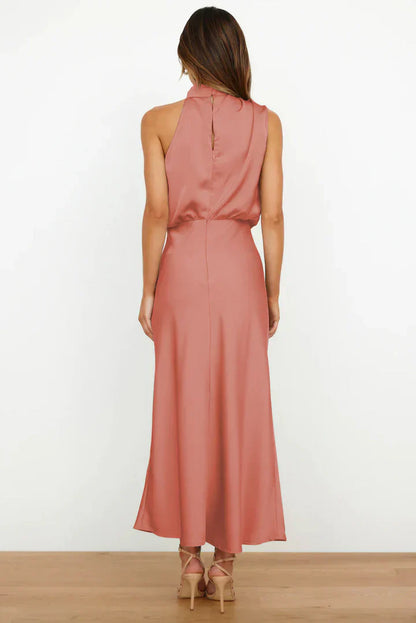 | Draped Neckline Satin Midi Dress