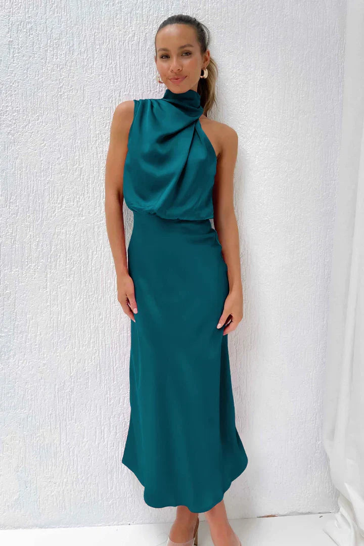 | Draped Neckline Satin Midi Dress