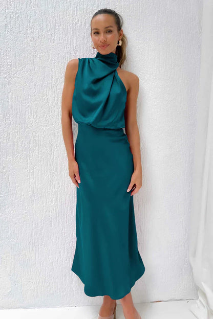 | Draped Neckline Satin Midi Dress