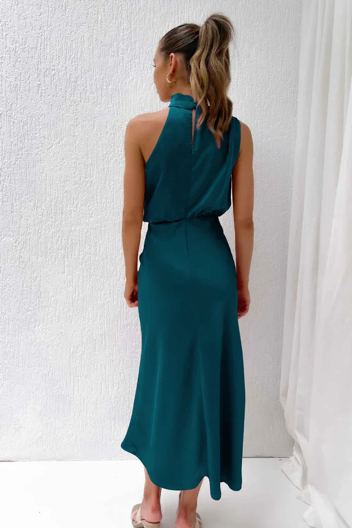 | Draped Neckline Satin Midi Dress