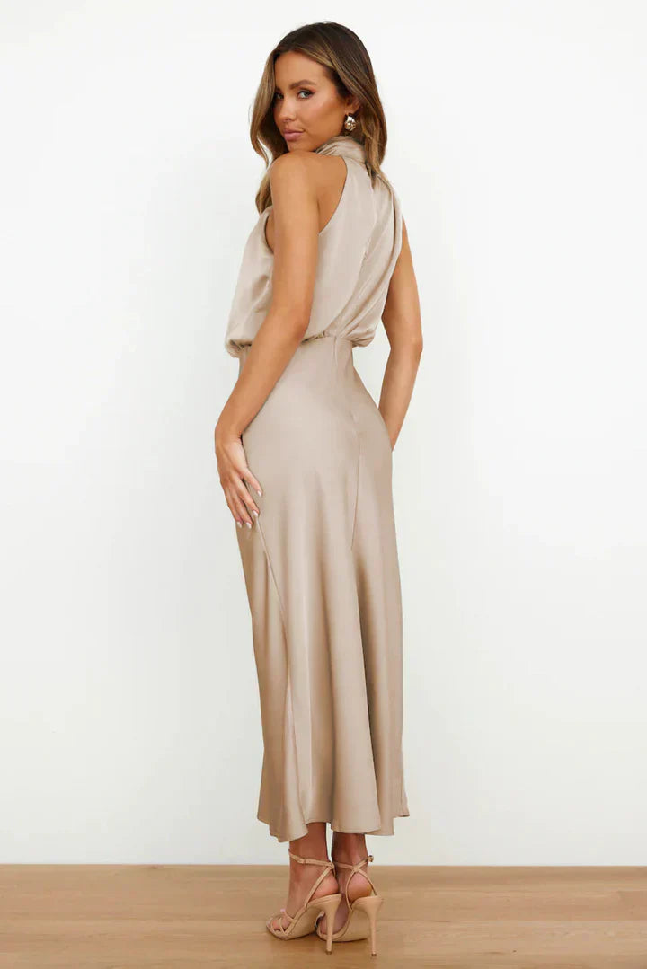 | Draped Neckline Satin Midi Dress