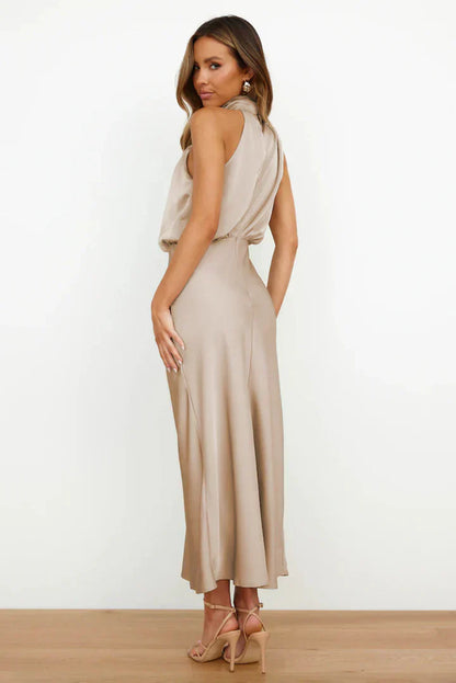 | Draped Neckline Satin Midi Dress
