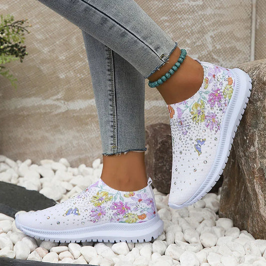 Women's Glitter Knit Platform Sneakers – Floral Pattern Breathable Shoes