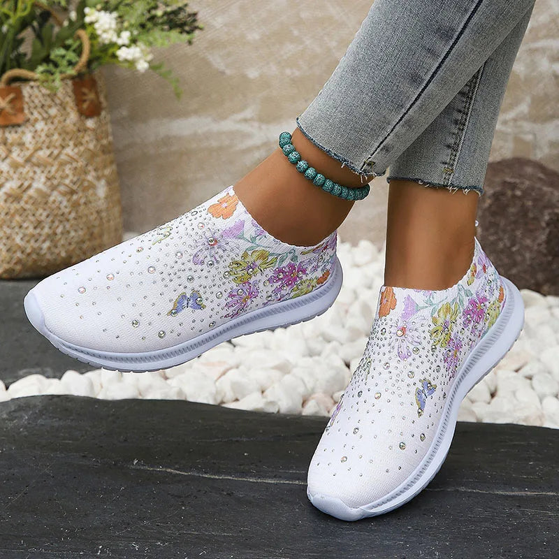 Women's Glitter Knit Platform Sneakers – Floral Pattern Breathable Shoes