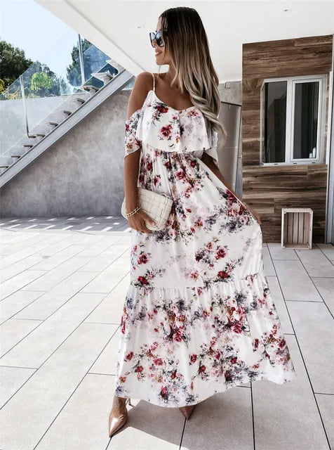Floral Off-Shoulder Ruffle Spaghetti Strap Smocked Waist Tiered Maxi Dress