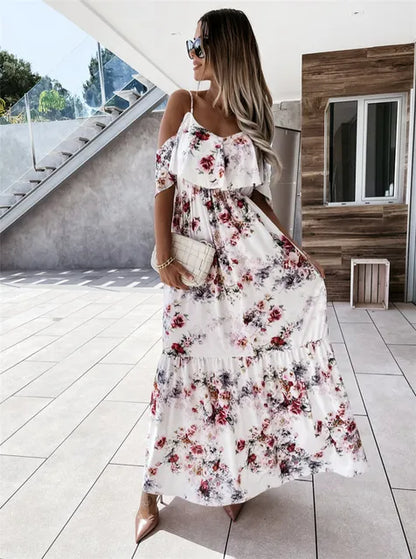 Floral Off-Shoulder Ruffle Spaghetti Strap Smocked Waist Tiered Maxi Dress