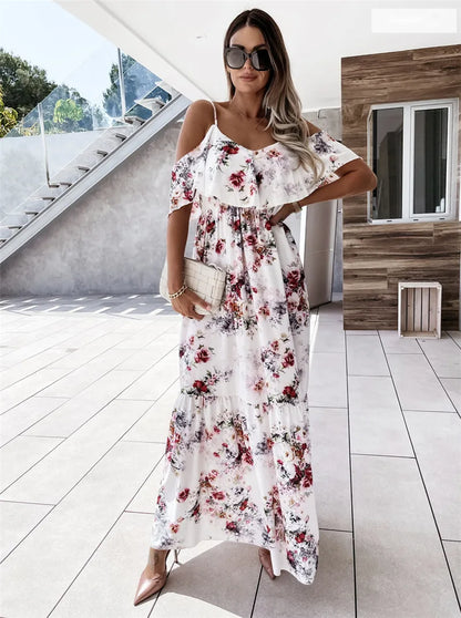 Floral Off-Shoulder Ruffle Spaghetti Strap Smocked Waist Tiered Maxi Dress