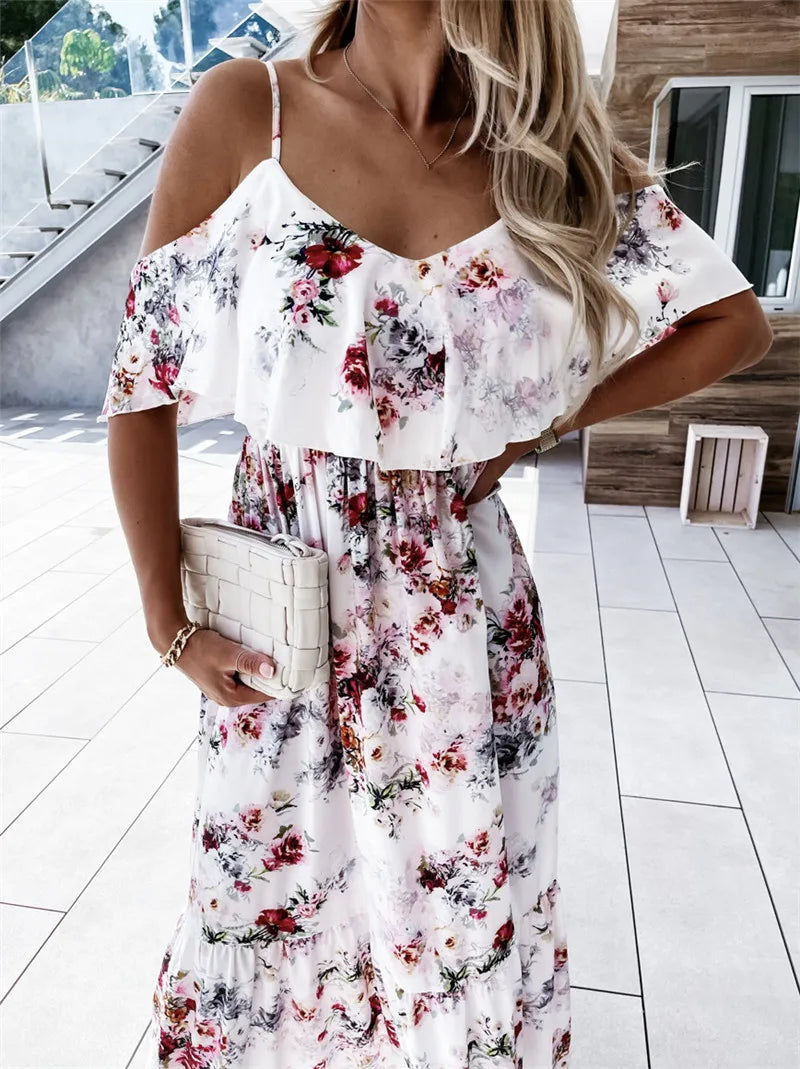 Floral Off-Shoulder Ruffle Spaghetti Strap Smocked Waist Tiered Maxi Dress