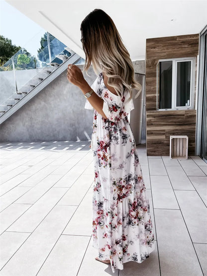 Floral Off-Shoulder Ruffle Spaghetti Strap Smocked Waist Tiered Maxi Dress