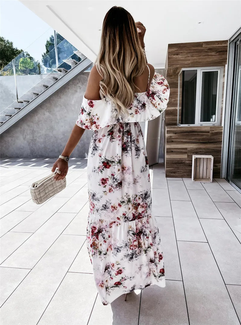 Floral Off-Shoulder Ruffle Spaghetti Strap Smocked Waist Tiered Maxi Dress