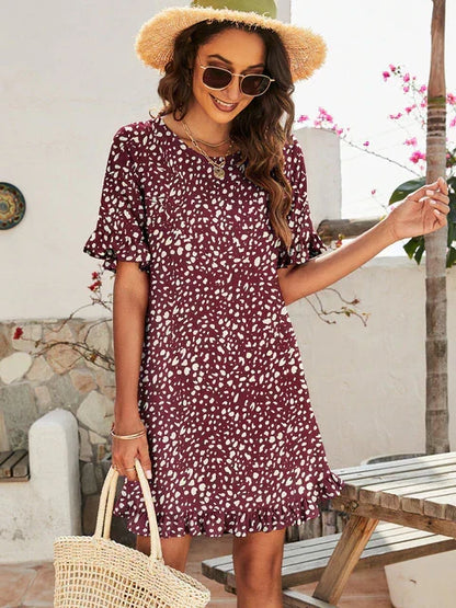 Print Ruffle Sleeve Crew Neck Shift Mini Dress