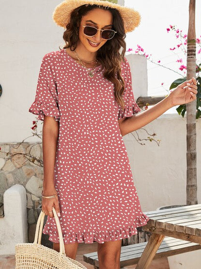 Print Ruffle Sleeve Crew Neck Shift Mini Dress