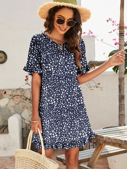 Print Ruffle Sleeve Crew Neck Shift Mini Dress
