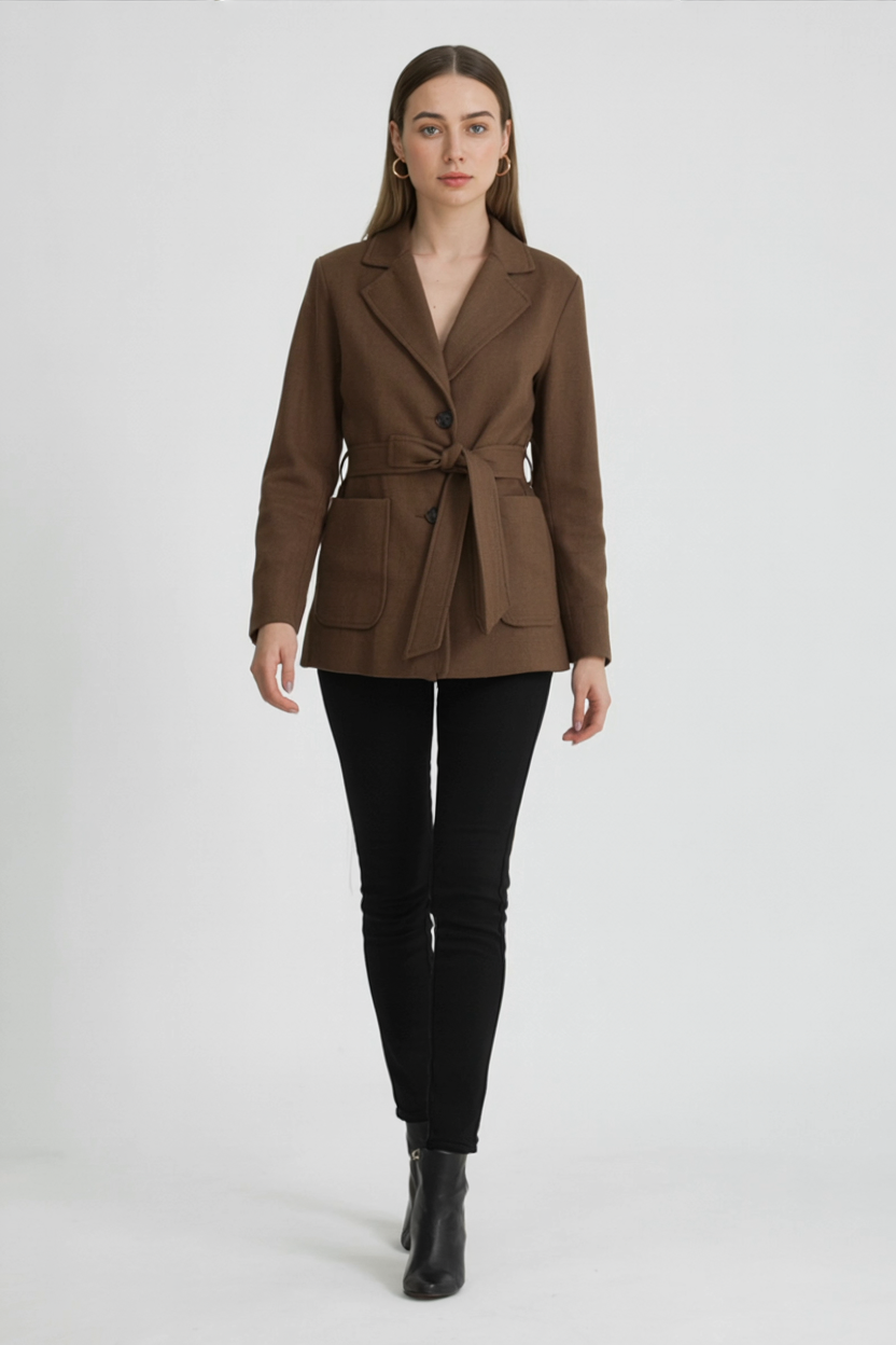 Belted Suede Look Jacket | Notched Lapel, Patch Pockets, Regular Fit