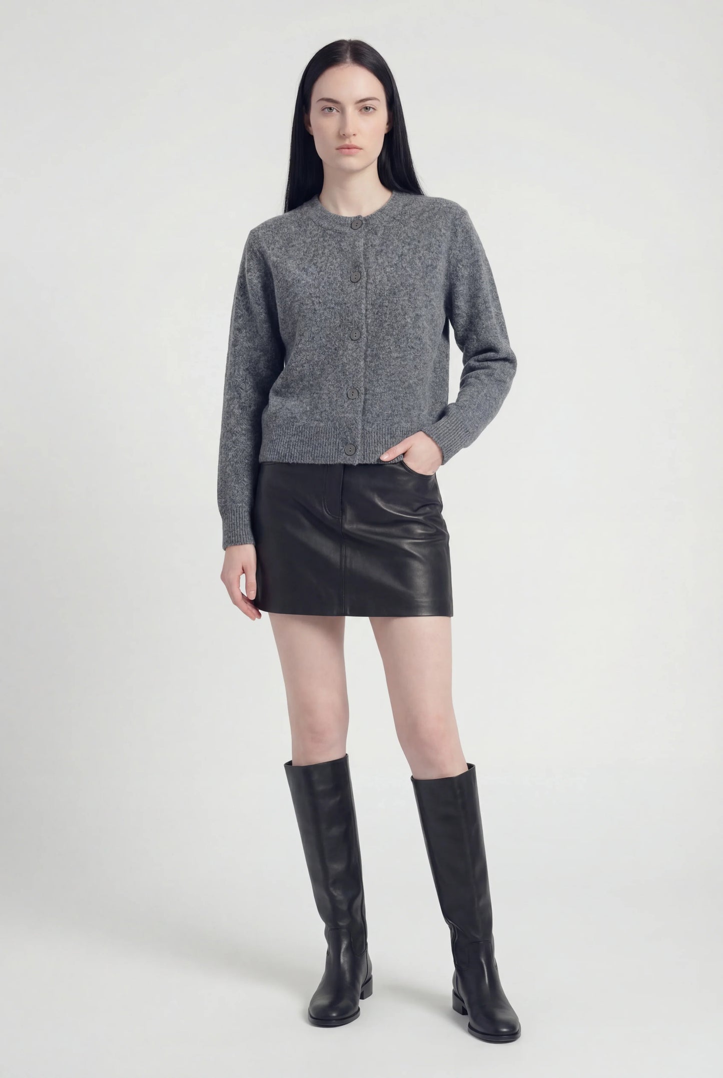 Maison Round Neck Knit Cardigan | Button Front | Regular Fit | Cropped Length