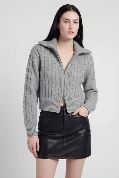 Maison Cable Knit Zip Cardigan | High Collar | Cropped Length | Relaxed Fit
