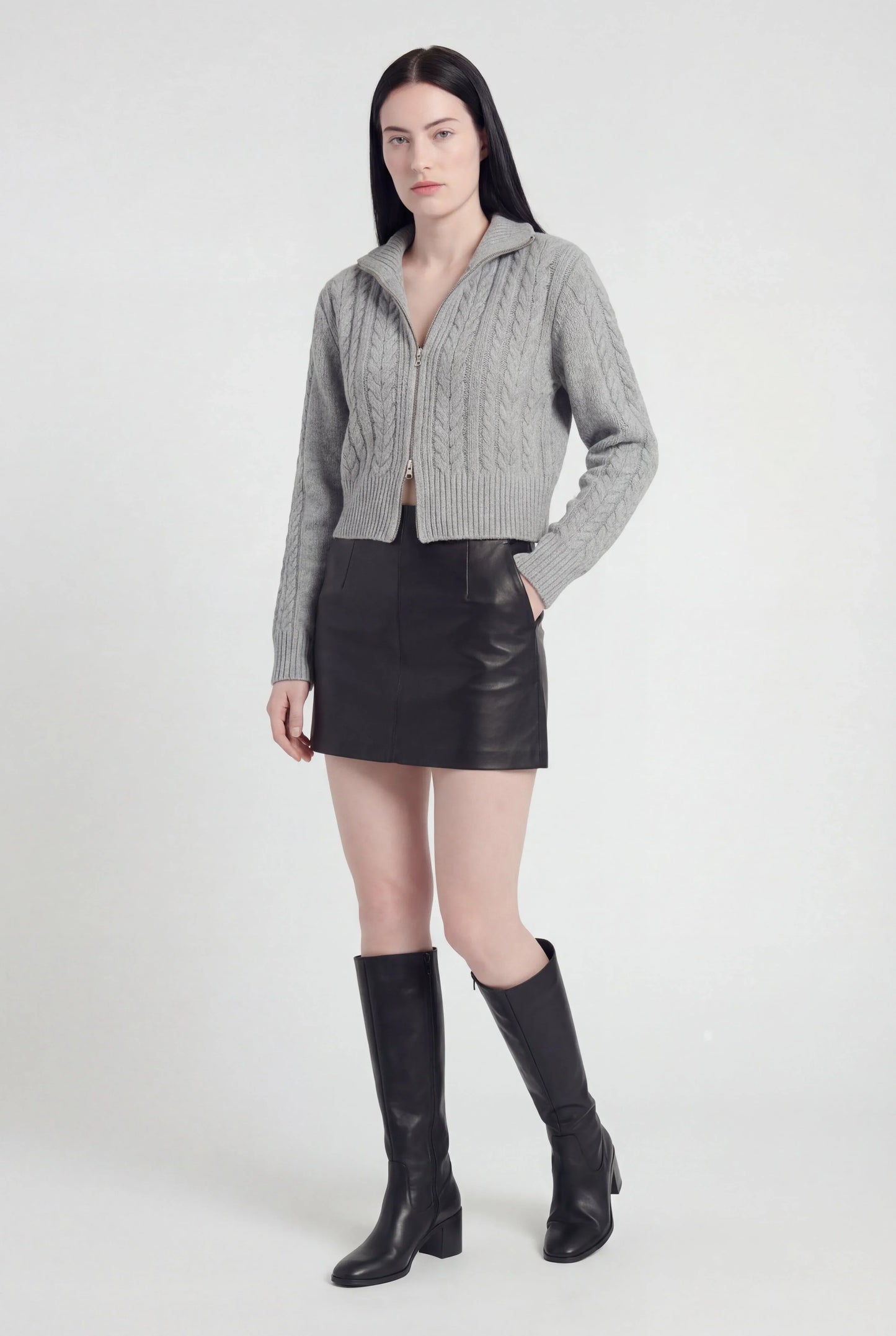 Maison Cable Knit Zip Cardigan | High Collar | Cropped Length | Relaxed Fit