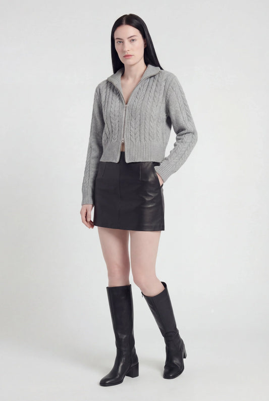 Maison Cable Knit Zip Cardigan | High Collar | Cropped Length | Relaxed Fit
