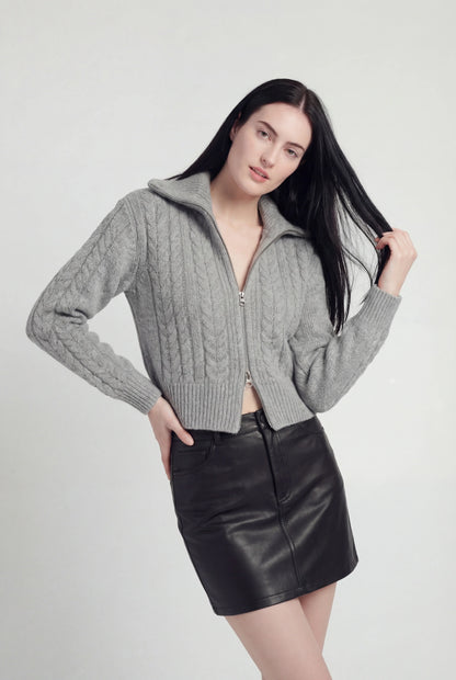 Maison Cable Knit Zip Cardigan | High Collar | Cropped Length | Relaxed Fit