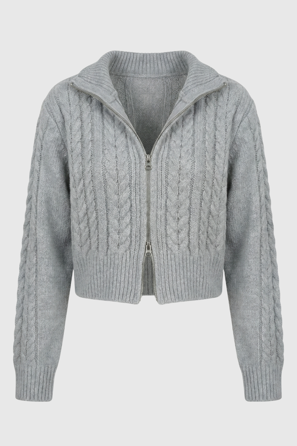 Maison Cable Knit Zip Cardigan | High Collar | Cropped Length | Relaxed Fit
