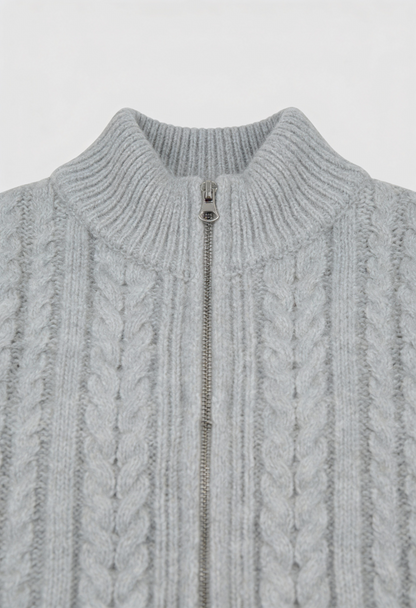 Maison Cable Knit Zip Cardigan | High Collar | Cropped Length | Relaxed Fit