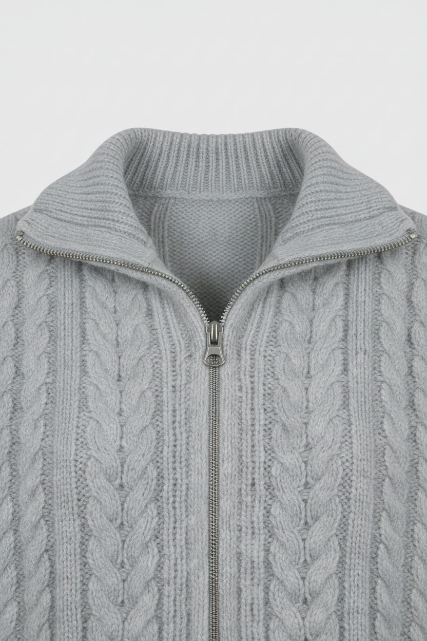Maison Cable Knit Zip Cardigan | High Collar | Cropped Length | Relaxed Fit