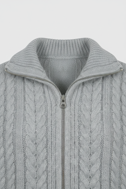 Maison Cable Knit Zip Cardigan | High Collar | Cropped Length | Relaxed Fit