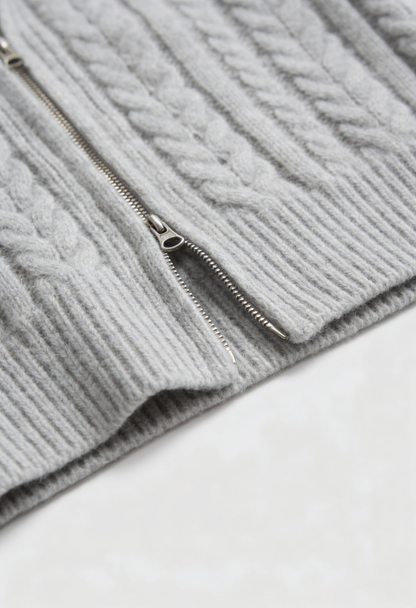 Maison Cable Knit Zip Cardigan | High Collar | Cropped Length | Relaxed Fit