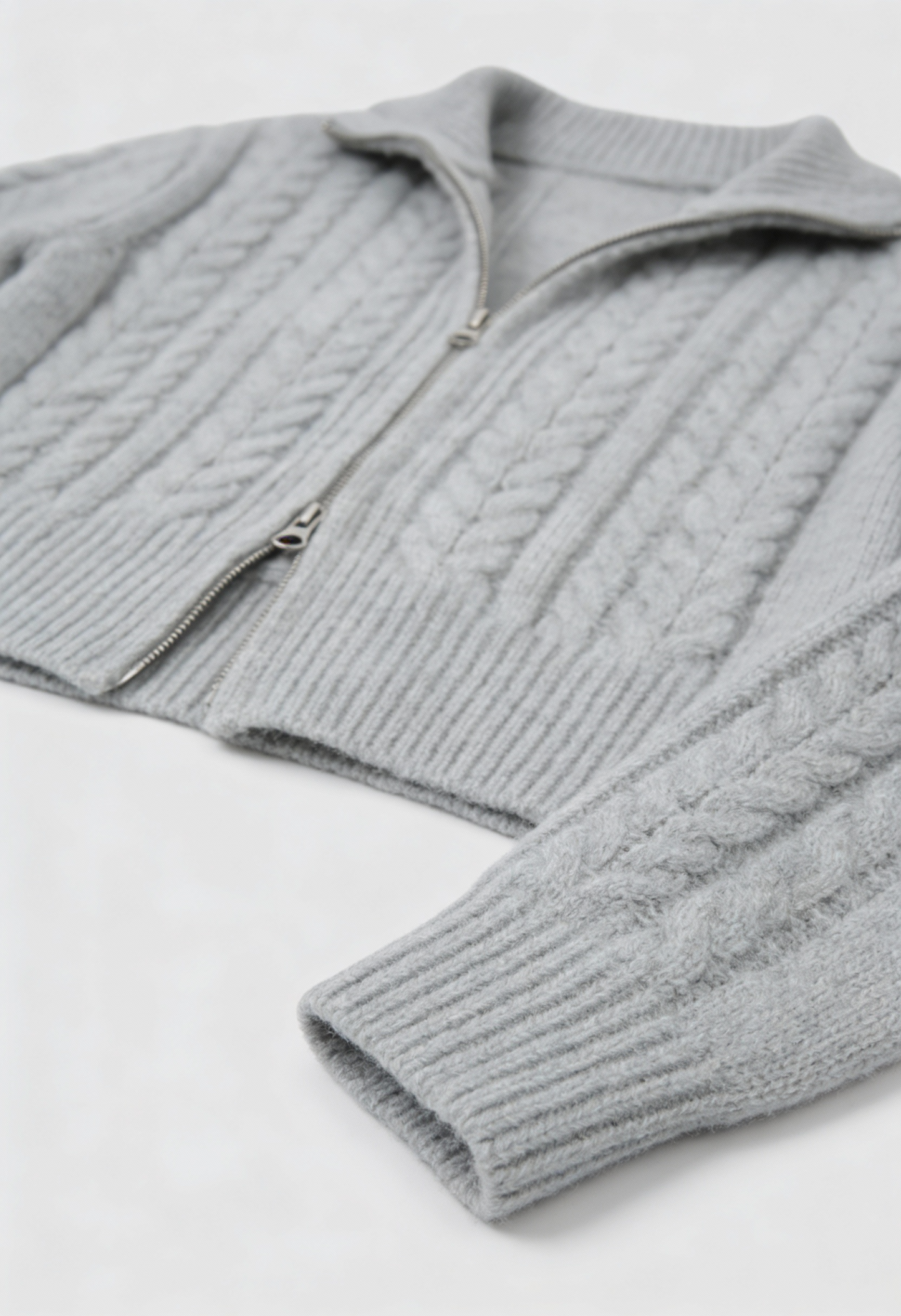 Maison Cable Knit Zip Cardigan | High Collar | Cropped Length | Relaxed Fit