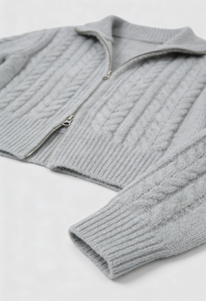 Maison Cable Knit Zip Cardigan | High Collar | Cropped Length | Relaxed Fit