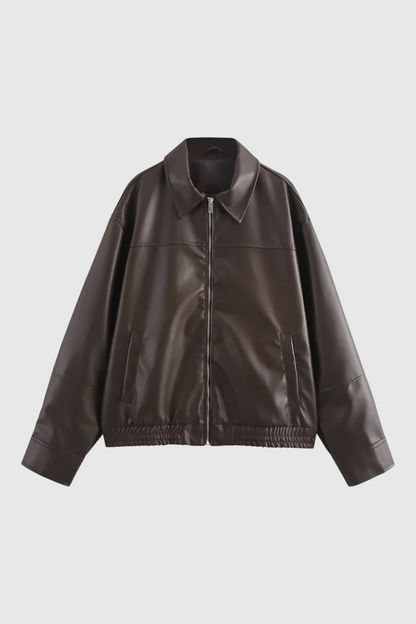 Maison Faux Leather Pilot Jacket | Zip Front Turn-Down Collar Autumn