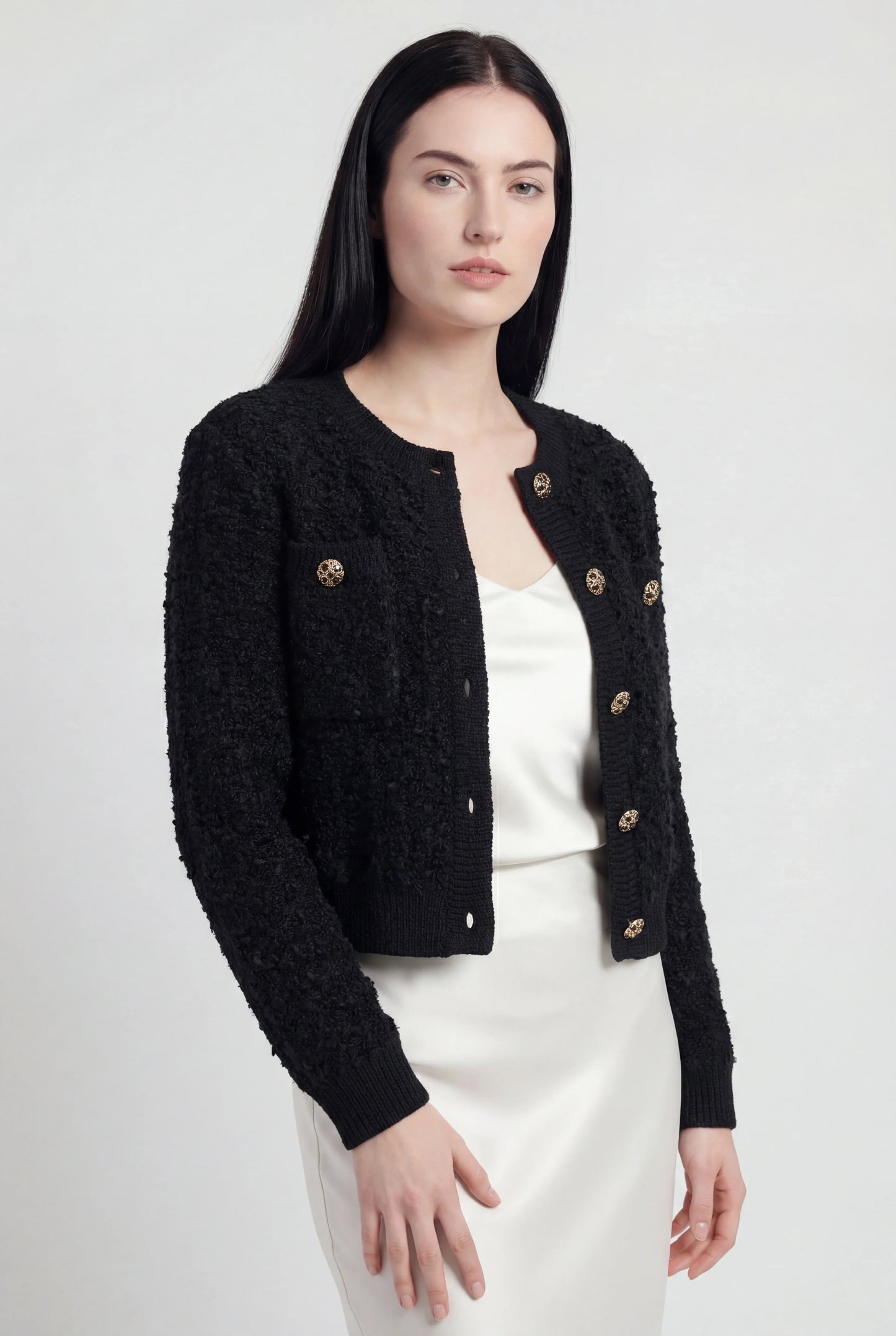 Maison Textured Knit Cardigan | Jewel Buttons | Round Neck | Relaxed Fit