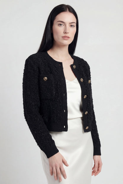 Maison Textured Knit Cardigan | Jewel Buttons | Round Neck | Relaxed Fit