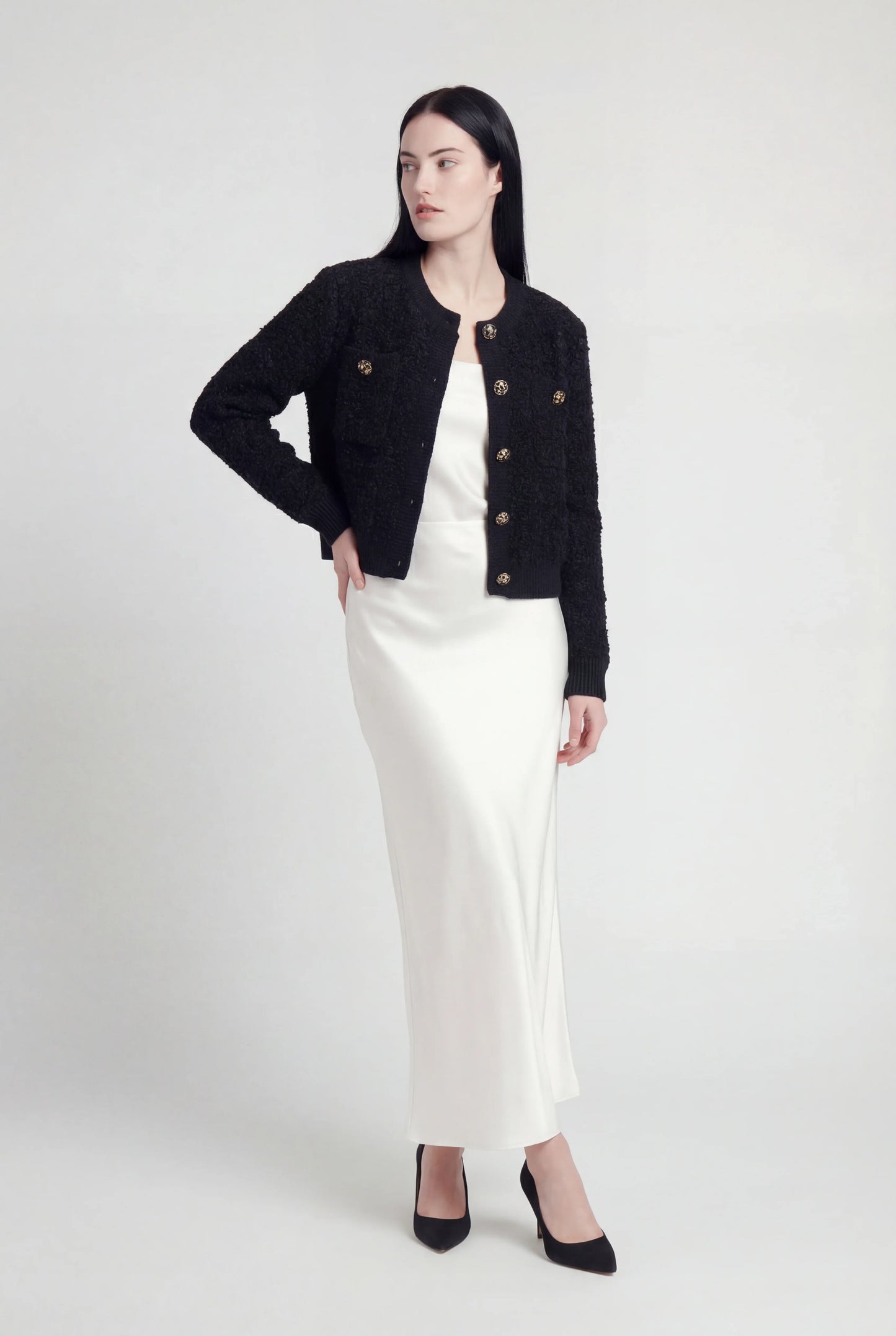 Maison Textured Knit Cardigan | Jewel Buttons | Round Neck | Relaxed Fit