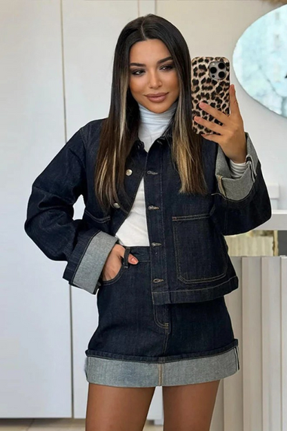 Women Denim Set Cropped Jacket High-Waist Mini Skirt