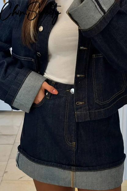 Women Denim Set Cropped Jacket High-Waist Mini Skirt