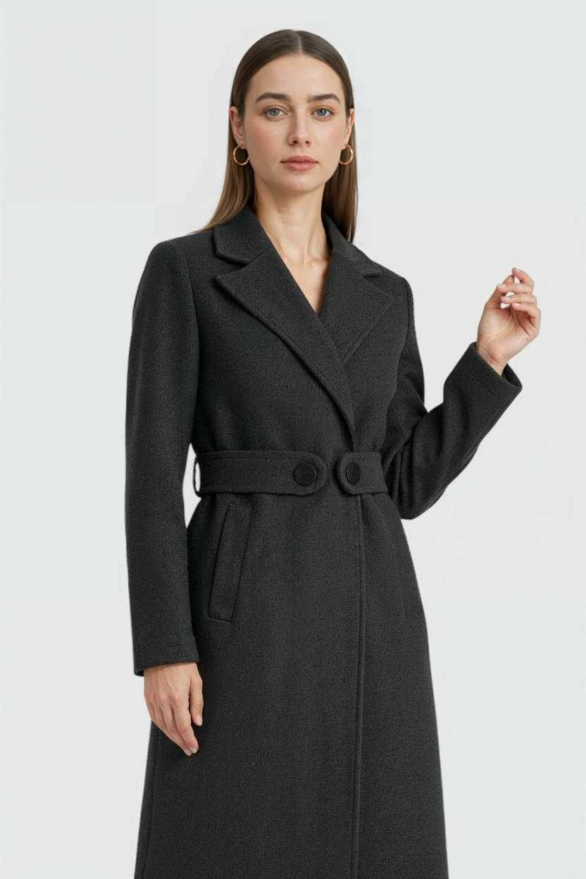 Belted Longline Coat | Notched Lapel, Buttoned Waist Tab, Slim Fit
