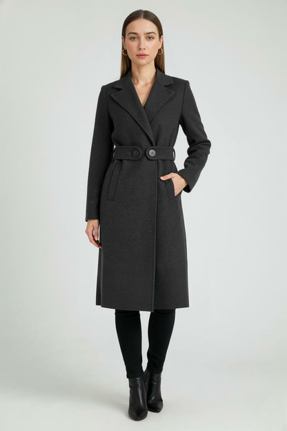 Belted Longline Coat | Notched Lapel, Buttoned Waist Tab, Slim Fit