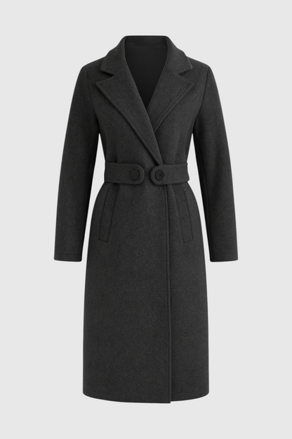 Belted Longline Coat | Notched Lapel, Buttoned Waist Tab, Slim Fit