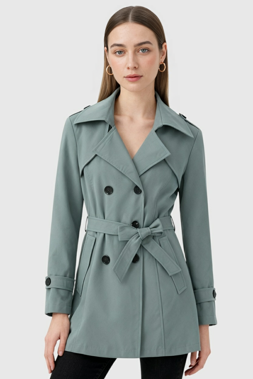 Mid Length Trench Coat | Belted Waist, Double Breasted, Long Sleeve