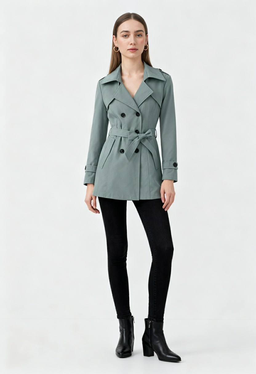 Mid Length Trench Coat | Belted Waist, Double Breasted, Long Sleeve
