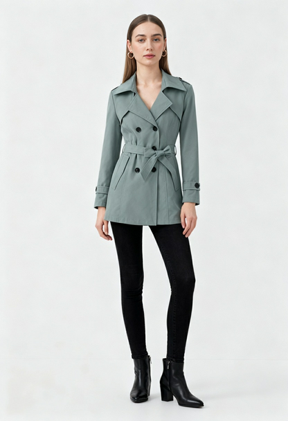 Mid Length Trench Coat | Belted Waist, Double Breasted, Long Sleeve