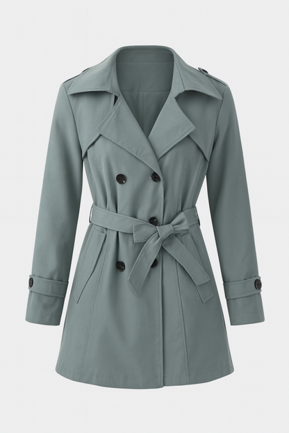 Mid Length Trench Coat | Belted Waist, Double Breasted, Long Sleeve